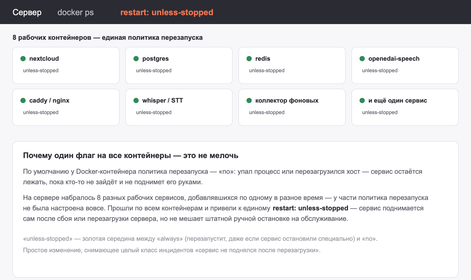 8 Docker-контейнеров на сервере клиента приведены к единой политике перезапуска restart: unless-stopped