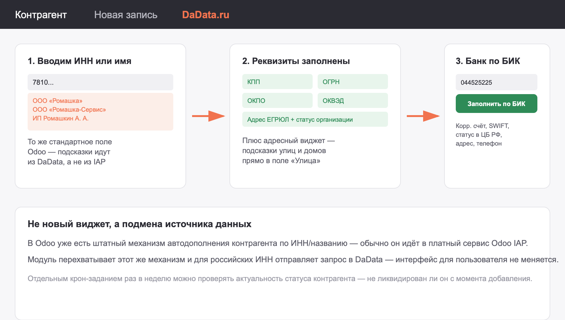 Интеграция DaData.ru в Odoo: автозаполнение контрагента по ИНН, адреса по подсказкам, банка по БИК