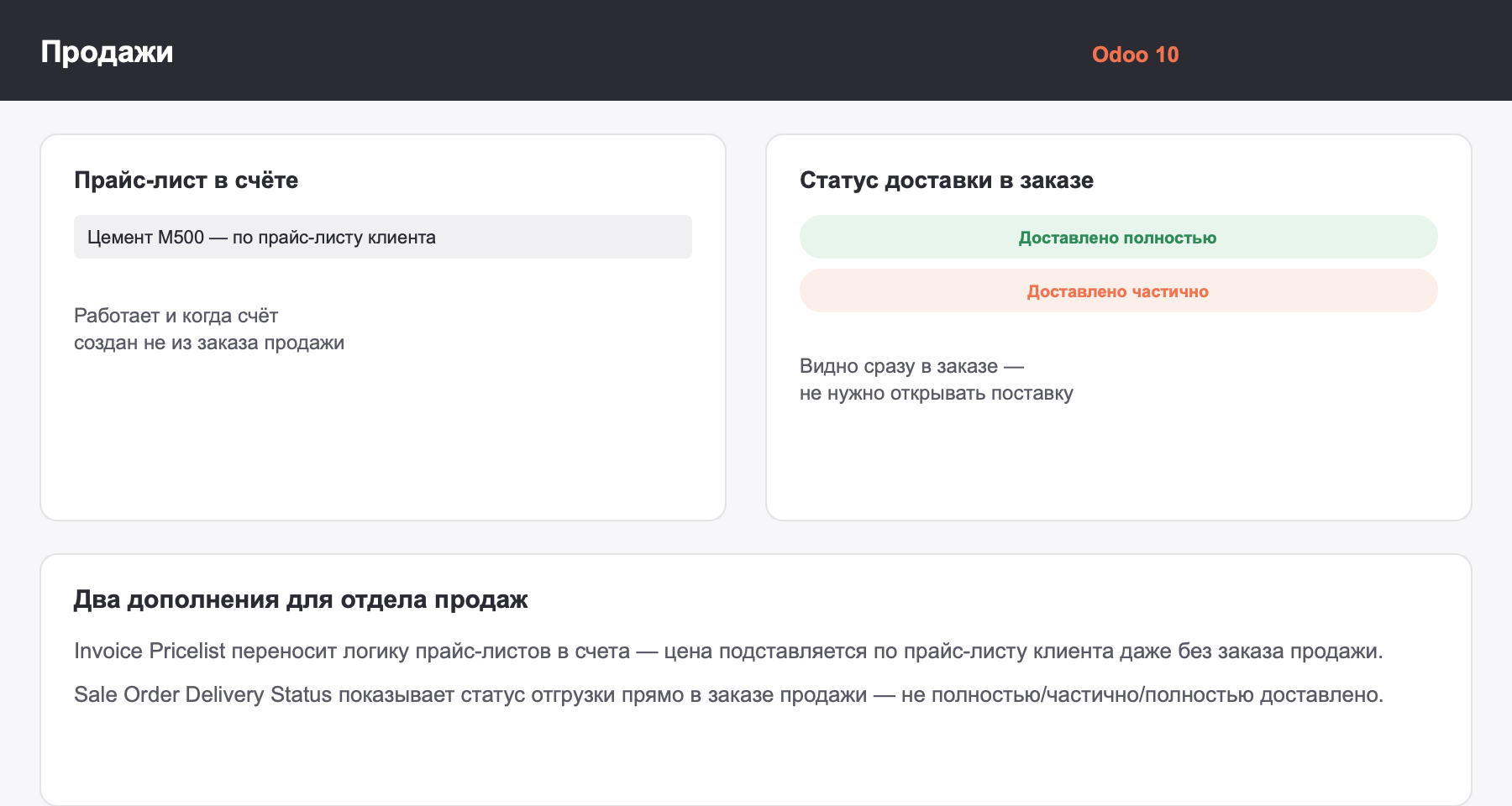 Прайс-лист применяется прямо в счёте, а статус доставки виден сразу в заказе продажи