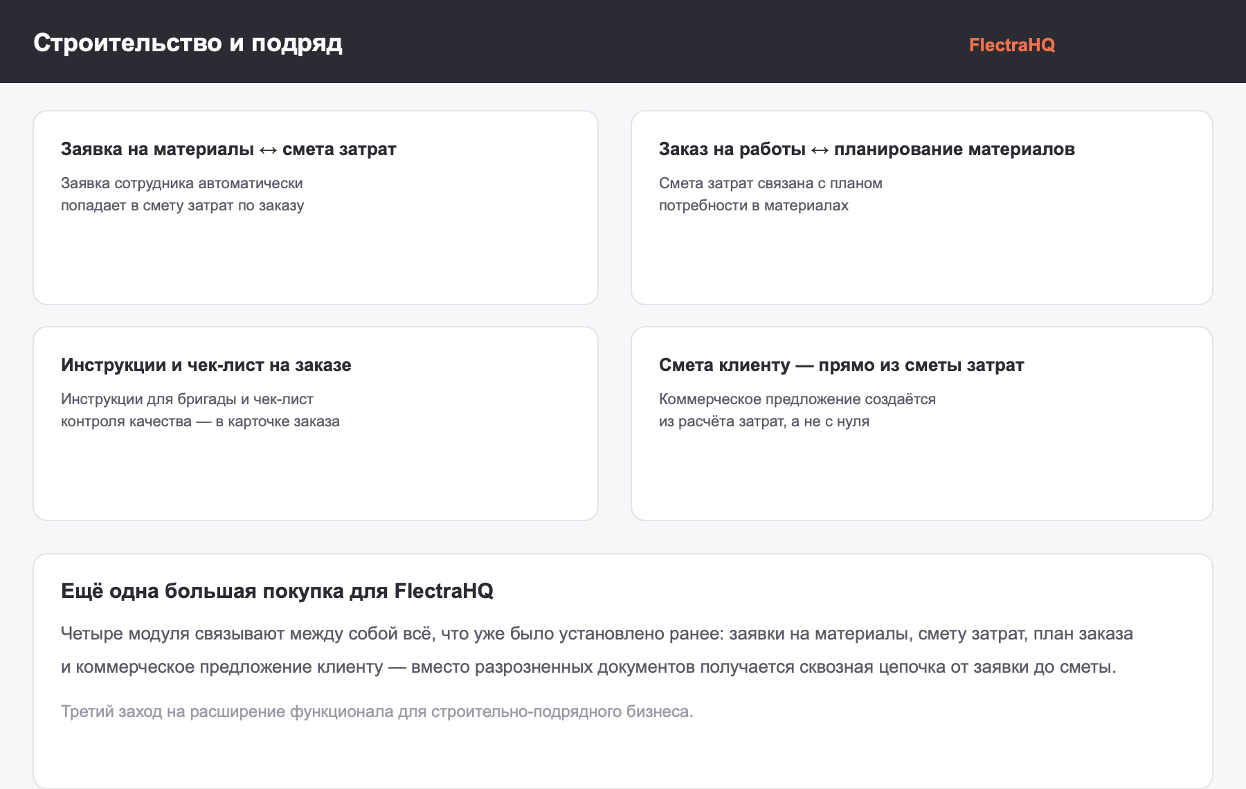 Связка заявок на материалы, сметы затрат, планирования заказа, чек-листов и коммерческих предложений в FlectraHQ
