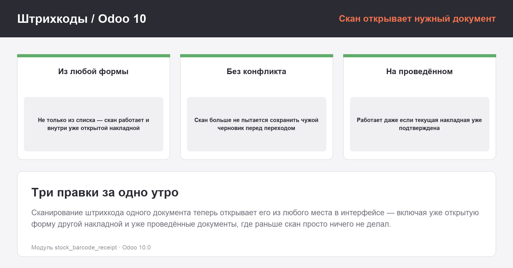Три доработки скана штрихкода в Odoo 10: открытие из любой формы, без конфликта черновика, на уже проведённом документе